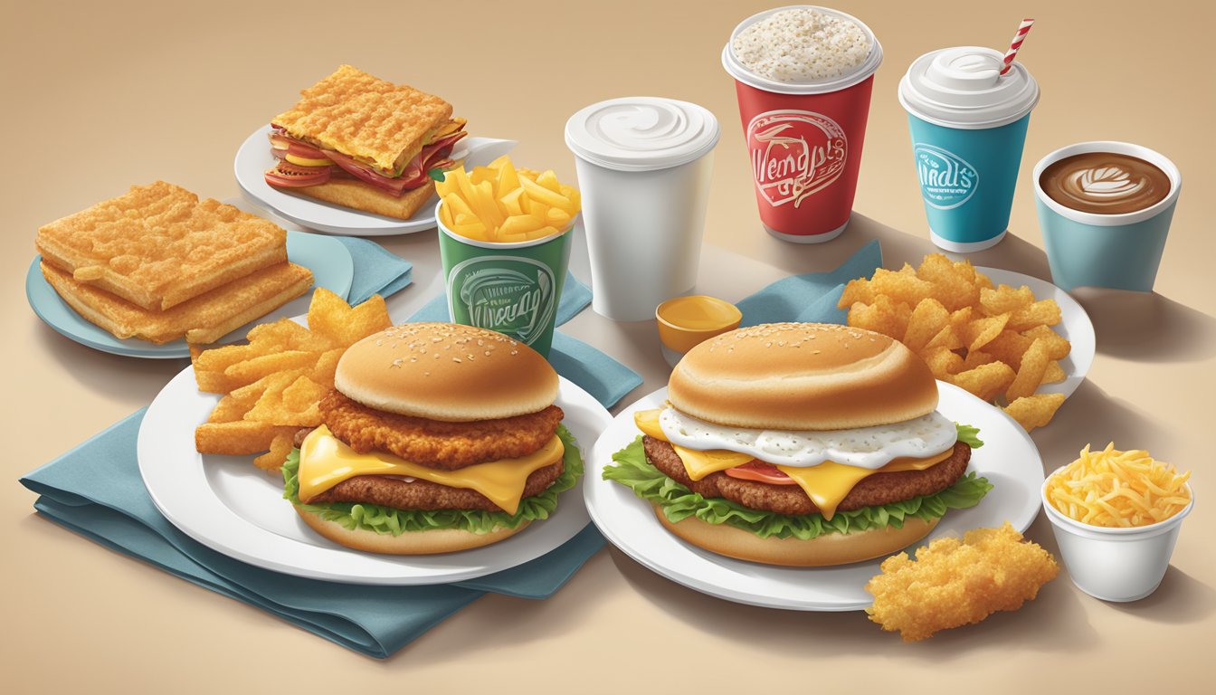 A table set with breakfast combos and meal deals from Wendy's menu, featuring a variety of tasty food items like sandwiches, hash browns, and coffee