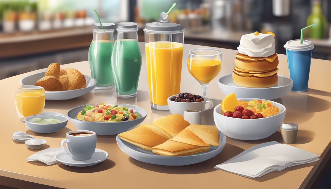 A breakfast menu with various beverage options displayed on a counter