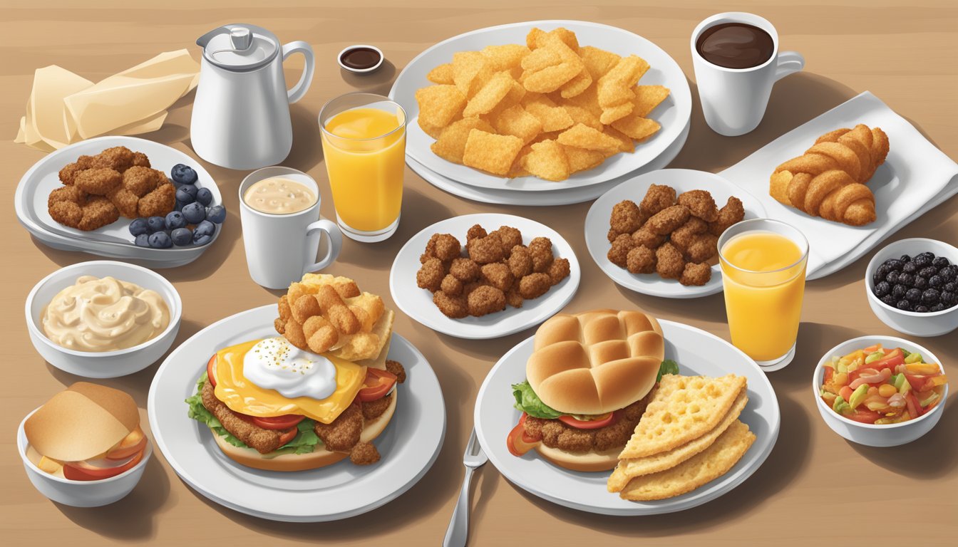 A table set with a variety of breakfast sides and beverages from the Chick-fil-A menu, arranged in an appealing and satisfying display