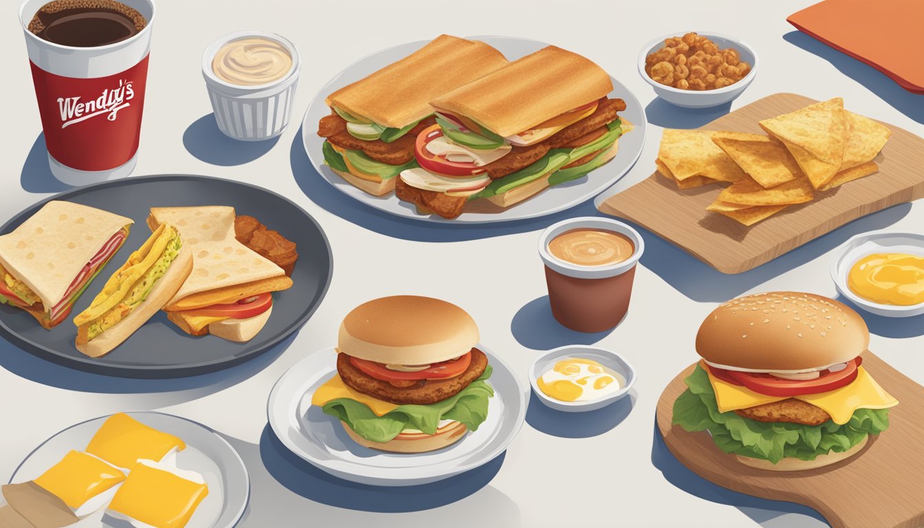 A table with a variety of Wendy's breakfast items, including sandwiches, wraps, and sides, with nutritional information displayed alongside each item