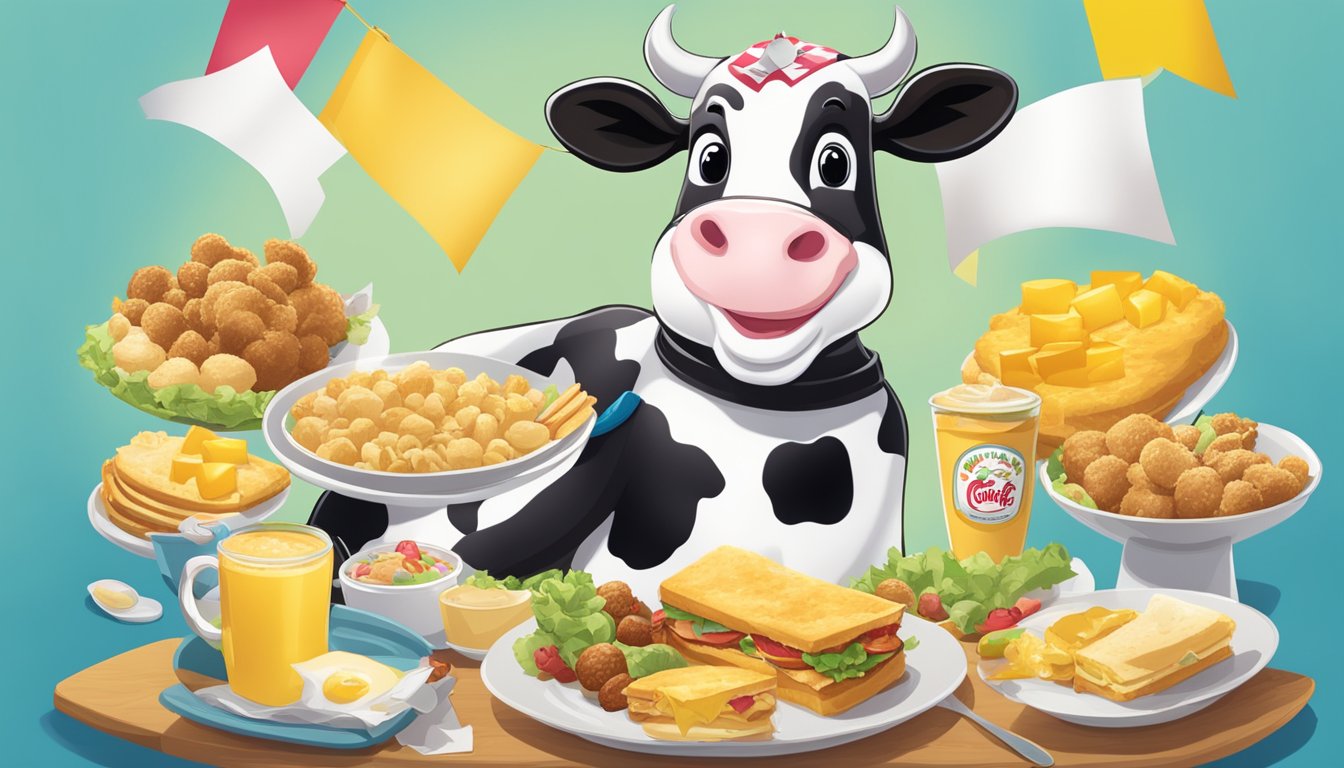 A smiling cow mascot presents a golden breakfast platter with various Chick-fil-A menu items, surrounded by colorful promotional banners and reward stickers