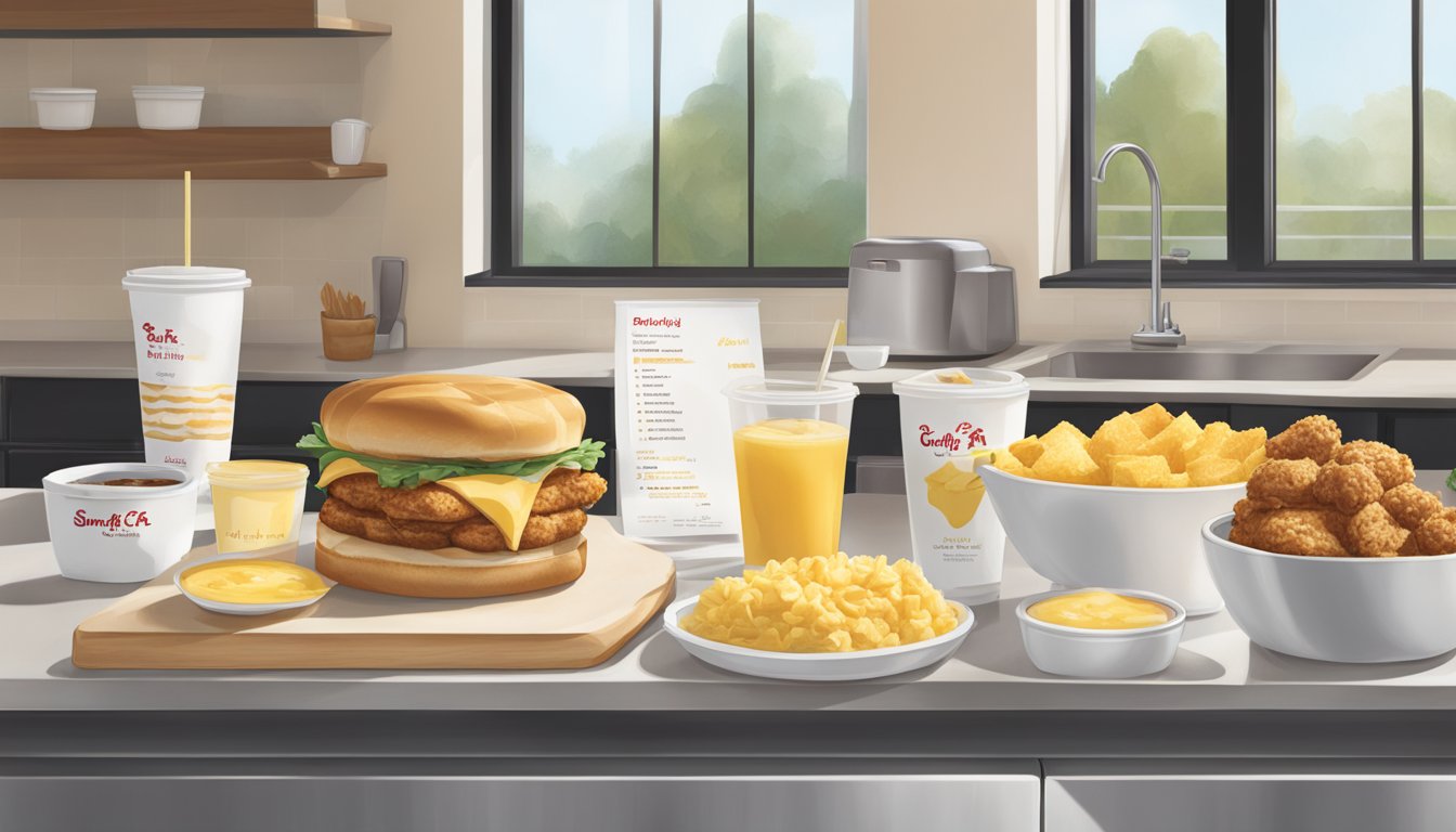 A sunny morning with a Chick-fil-A breakfast menu displayed on a clean, modern counter. Prices are clearly listed next to the items