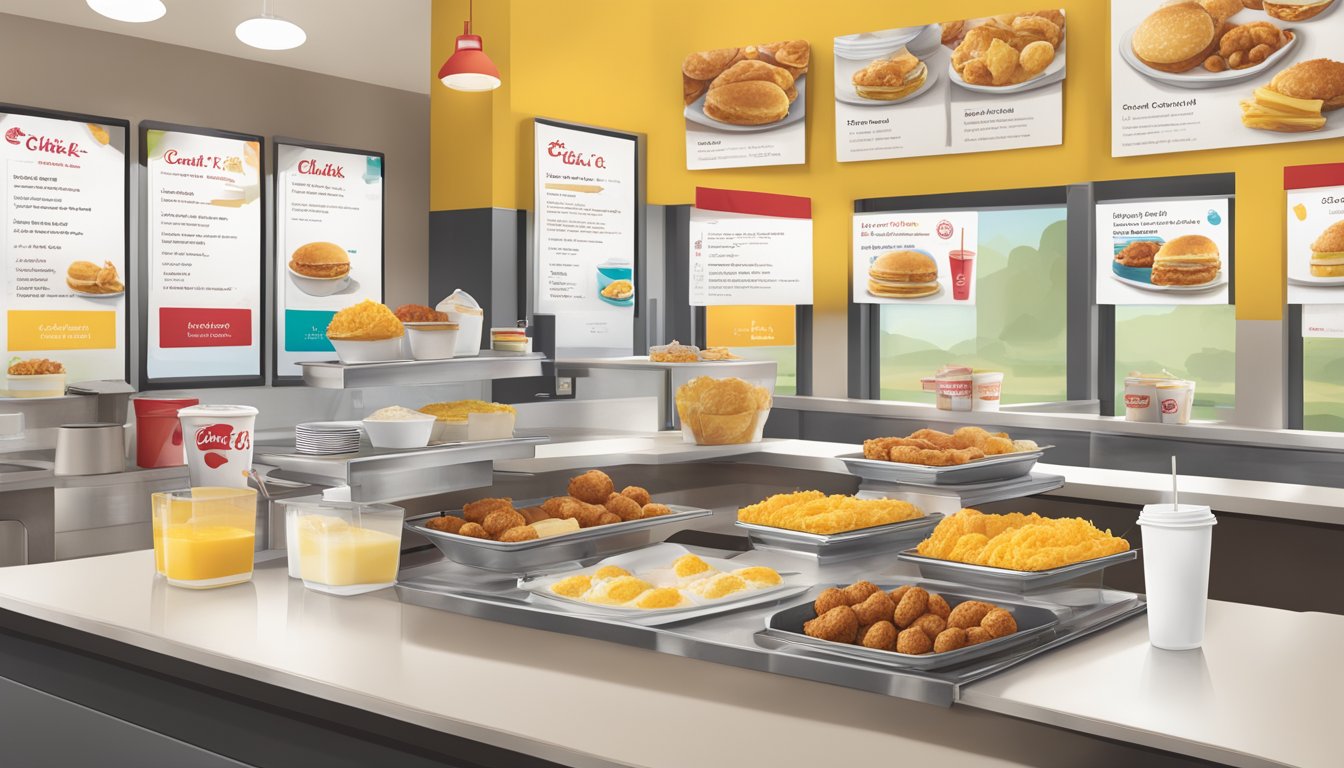 A colorful Chick-fil-A breakfast menu displayed with clear pricing, surrounded by accessible policies and accommodations for all customers