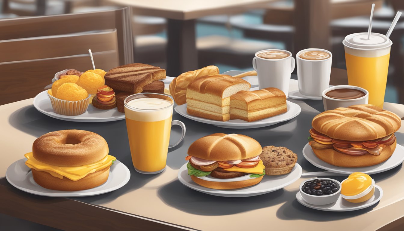 A table with a variety of breakfast items from Tim Horton's menu, including sandwiches, muffins, coffee, and pastries