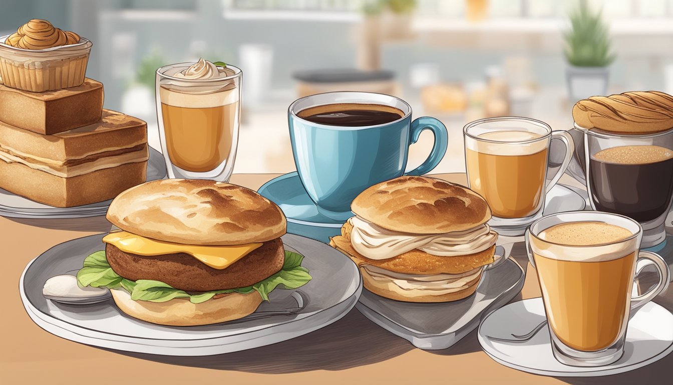 A steaming cup of coffee sits next to a freshly baked breakfast sandwich on a tray, surrounded by a selection of pastries and muffins