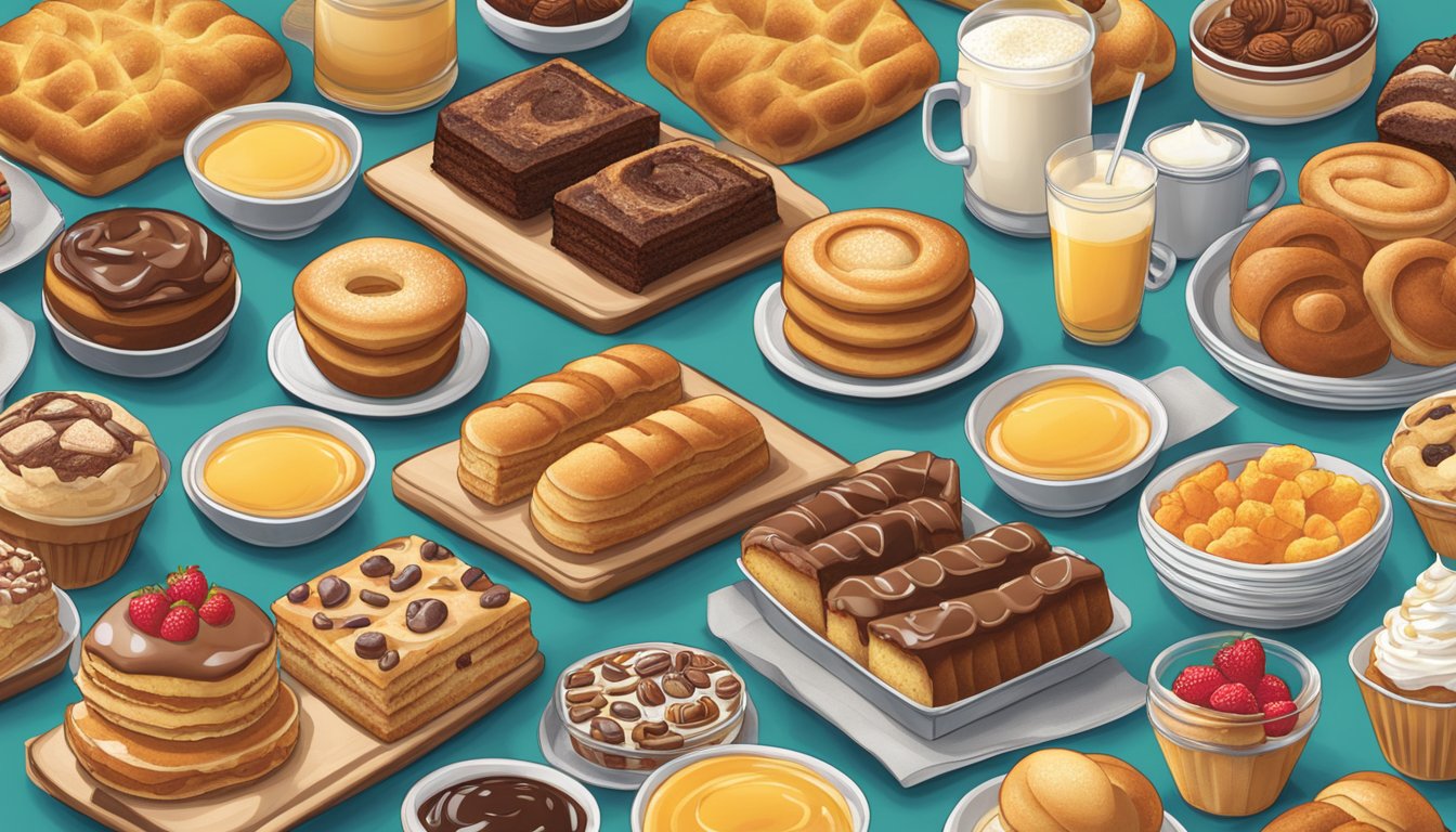 A table filled with assorted baked goods and sweets from the Tim Horton's breakfast menu