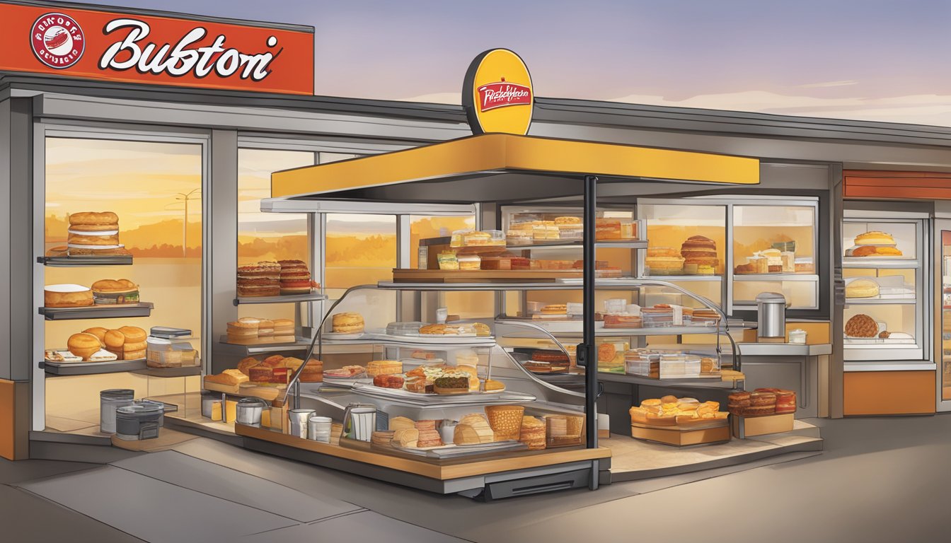 A bustling Tim Horton's breakfast menu displayed with various food items and a sign indicating service and availability