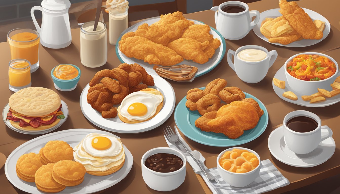 A table set with a variety of breakfast items, including biscuits, chicken, and sides, with a sign advertising meal combos and specials at Popeyes