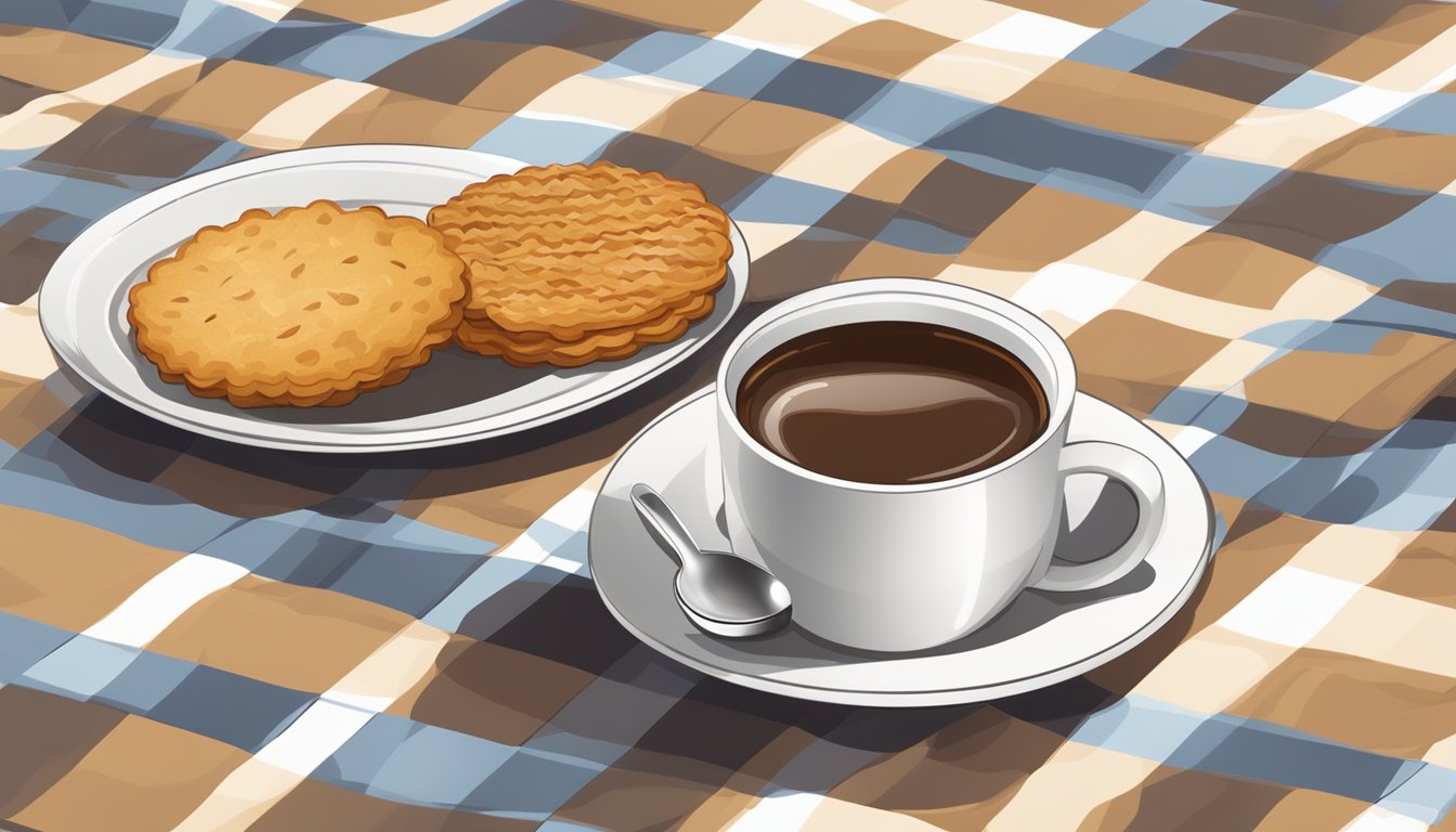 A steaming cup of coffee sits next to a plate of golden-brown biscuits and a side of crispy bacon on a checkered tablecloth