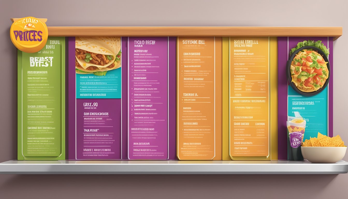 A colorful menu board displays nutritional information for Taco Bell's breakfast items with corresponding prices