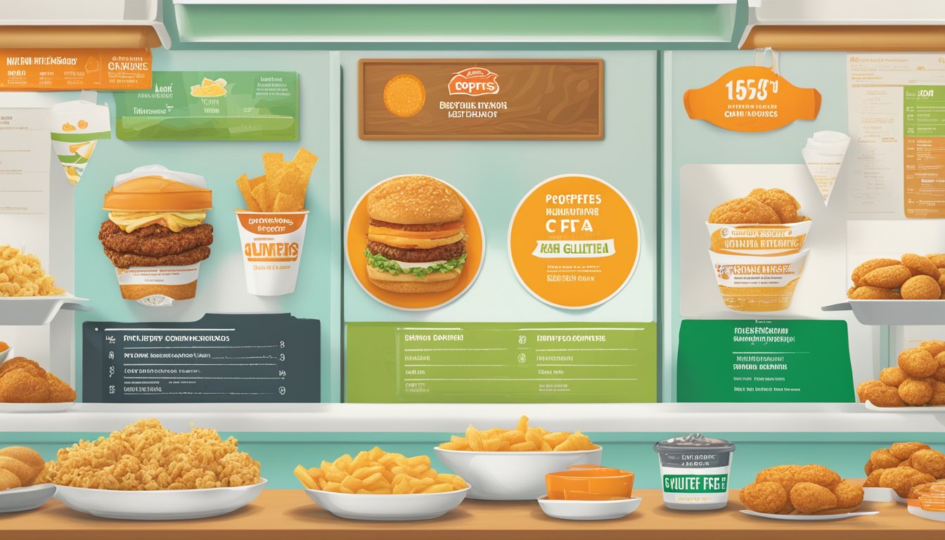 A colorful menu board displays nutritional information for Popeyes breakfast items, with icons indicating dietary considerations such as gluten-free and vegetarian options