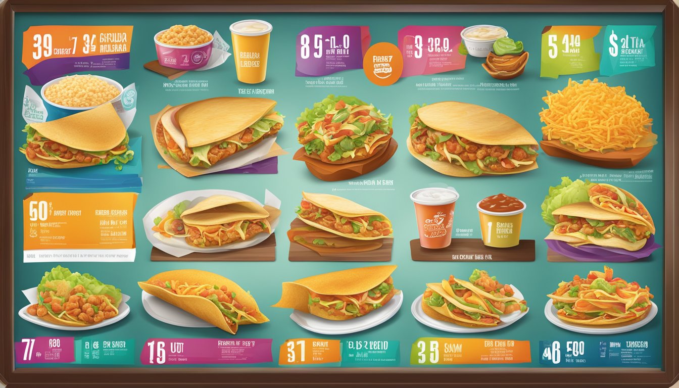 A colorful menu board displays Taco Bell breakfast prices and deals