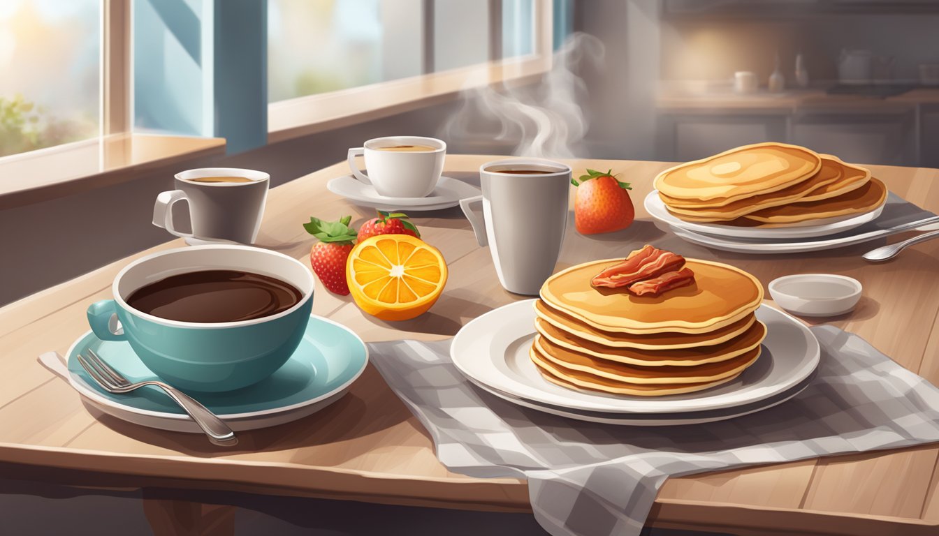 A table set with a steaming cup of coffee, a plate of pancakes, a bowl of fresh fruit, and a side of crispy bacon