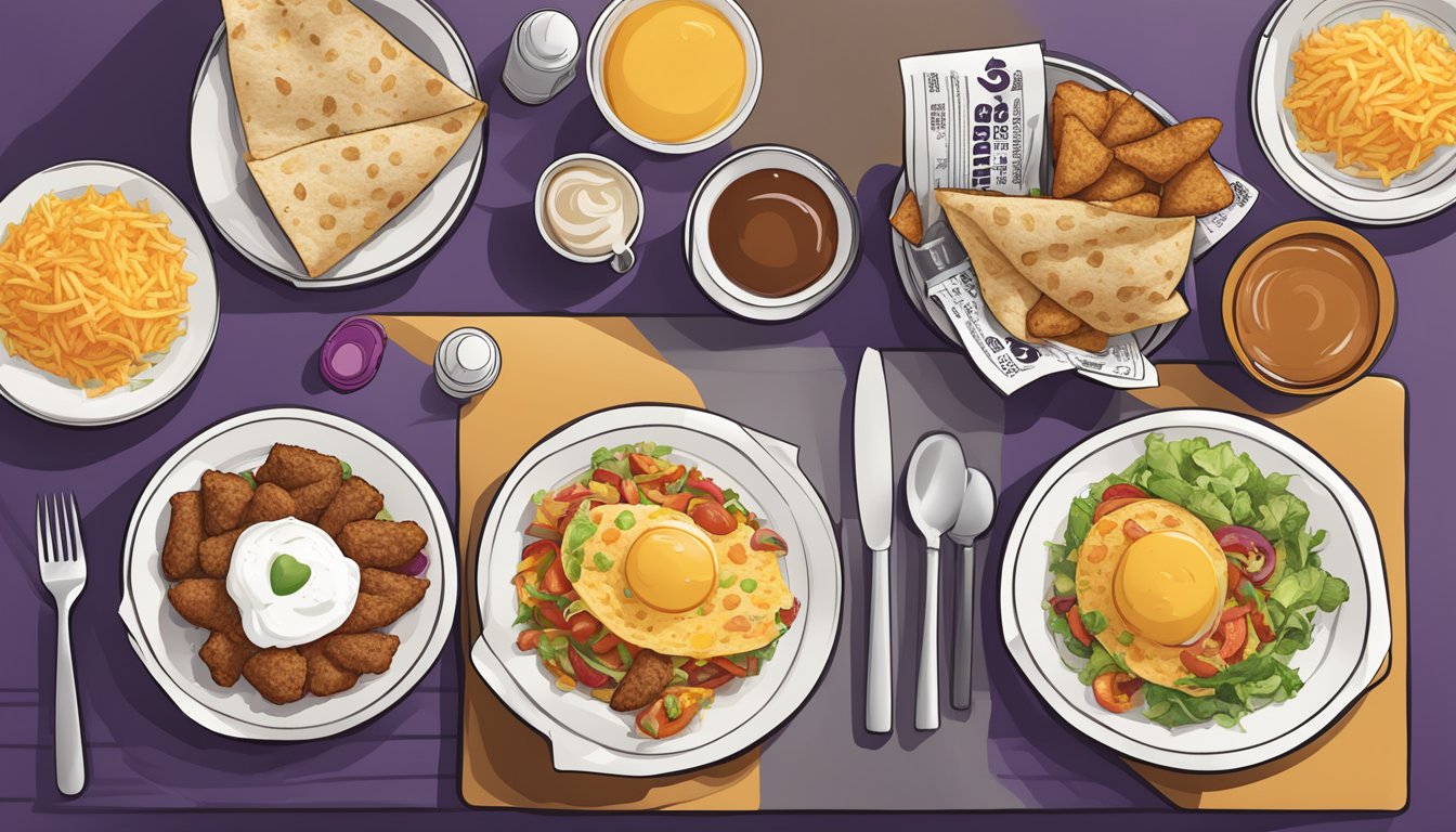 A table with a variety of breakfast items from Taco Bell, including burritos, tacos, and hash browns, displayed alongside the prices and serving times