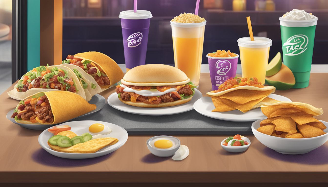 A table with a variety of customizable breakfast items and extras displayed on the Taco Bell menu