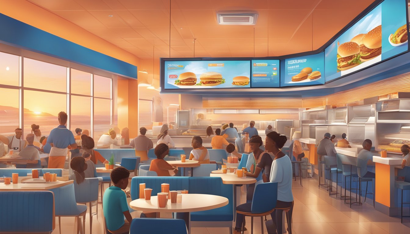 A bustling Whataburger restaurant at dawn, with a colorful breakfast menu displayed on the digital screens, and customers eagerly ordering their morning meals