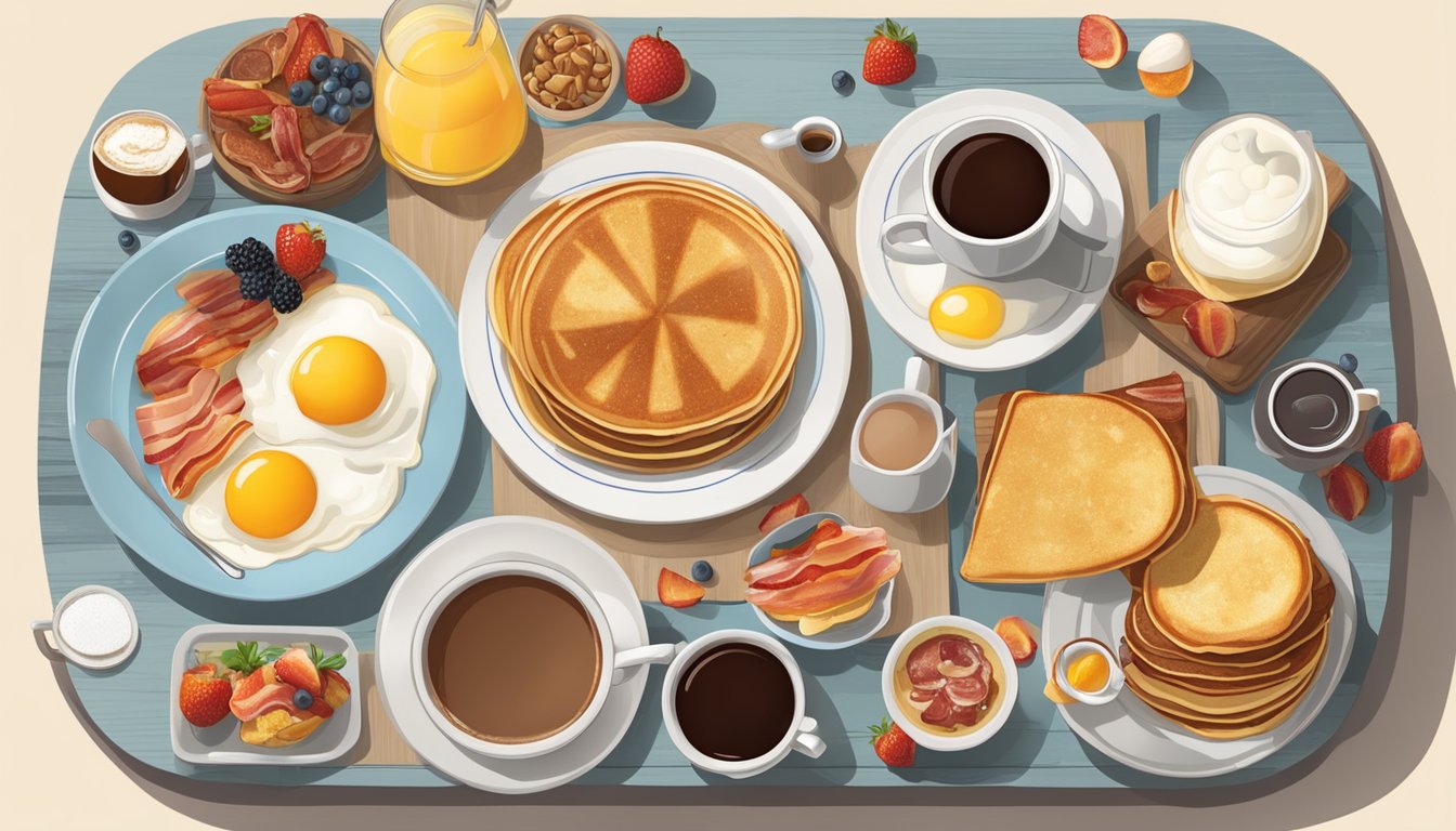 A table set with a variety of breakfast dishes, including pancakes, eggs, bacon, and fruit, with a steaming cup of coffee on the side