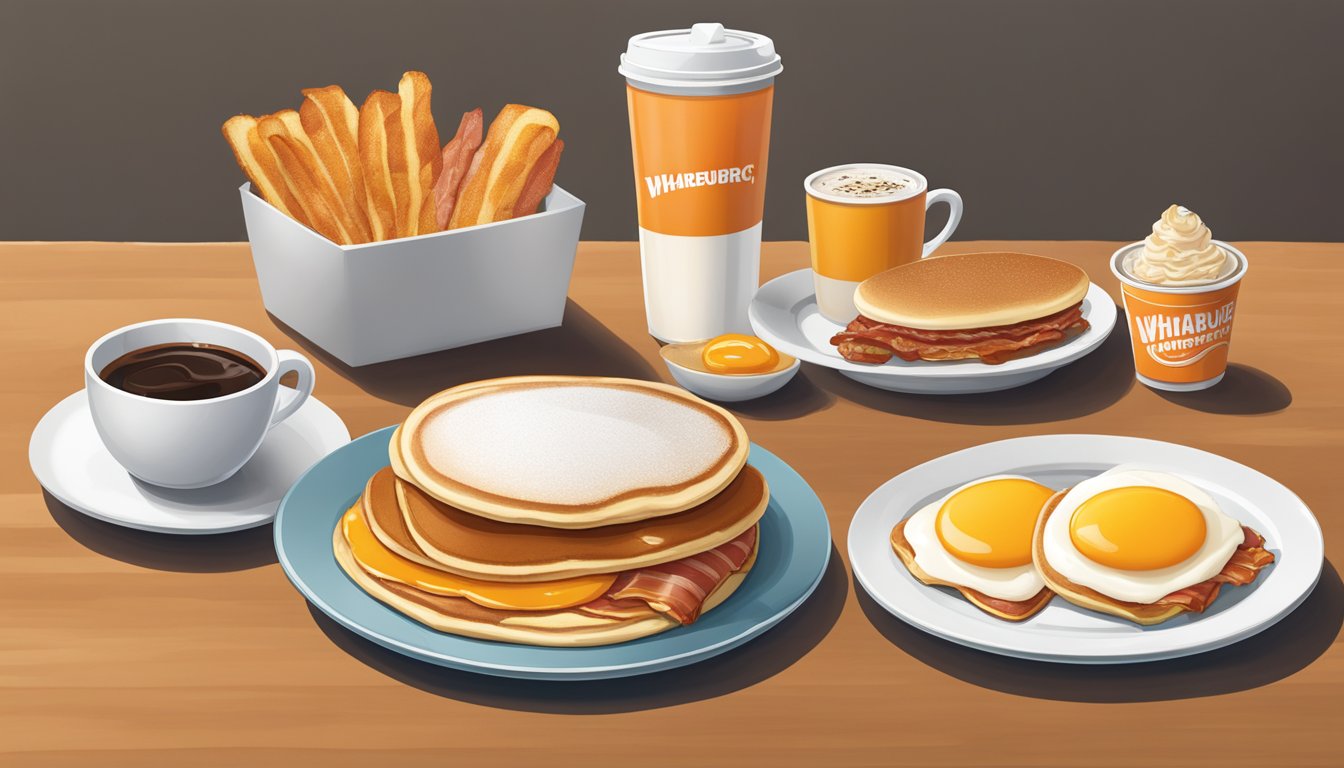 A table set with Whataburger's signature breakfast items, including pancakes, eggs, bacon, and coffee, with prices displayed