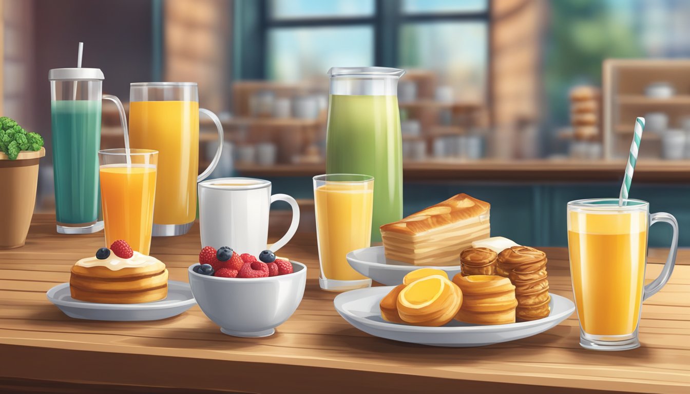 A colorful array of breakfast beverages and pastries displayed on a wooden counter at the bustling morning cafe