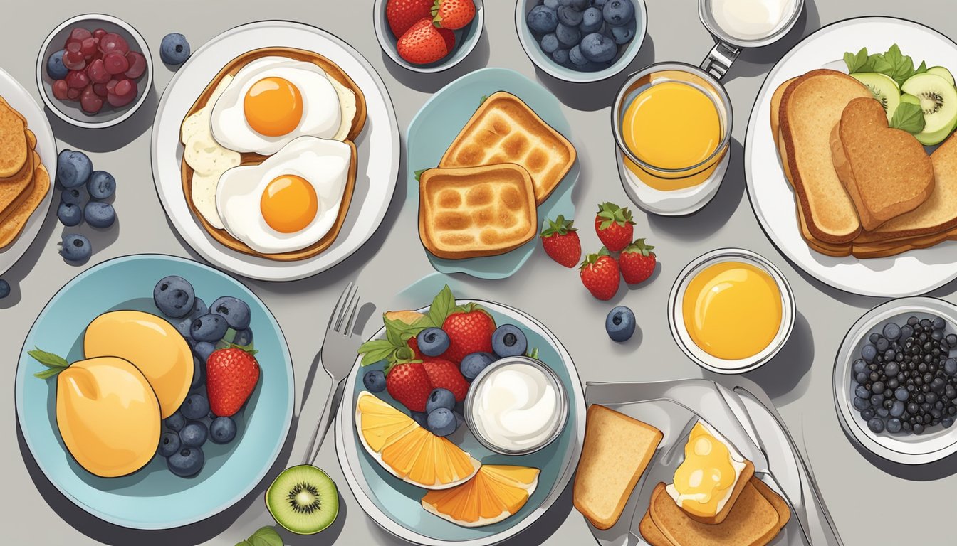 A breakfast table with a variety of sides and add-ons, including fruits, toast, eggs, and spreads, laid out on a clean, modern plate