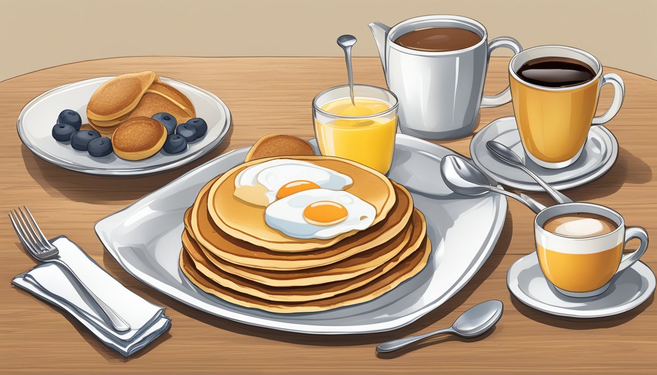 A table set with a breakfast spread, including coffee, eggs, and pancakes, with the "Dedicated Menus" logo displayed prominently