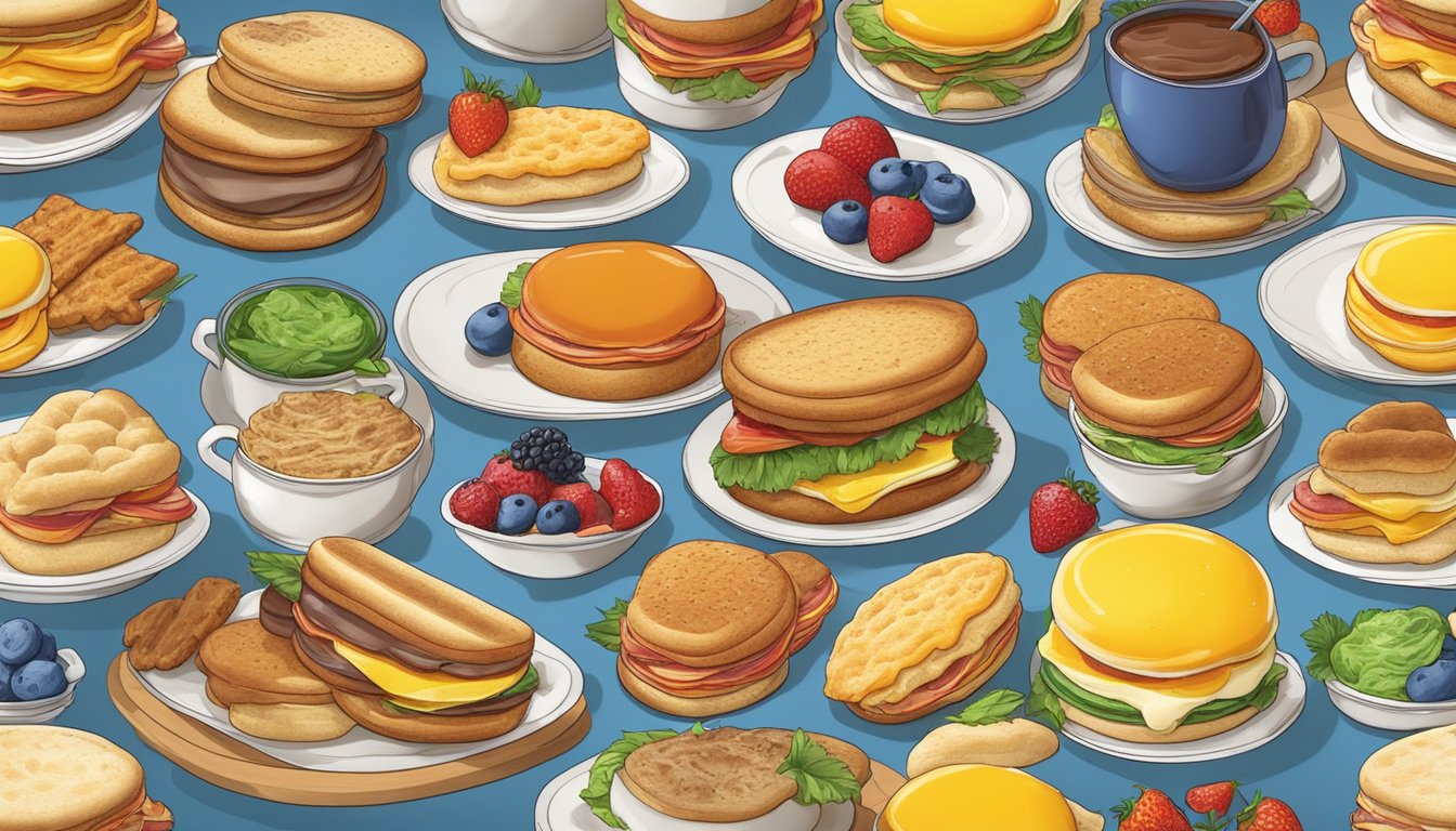 A colorful array of breakfast sandwiches and biscuits on a platter, with steam rising from the freshly cooked food