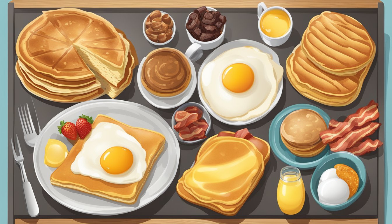 A colorful display of breakfast items on a menu board, including pancakes, eggs, bacon, and pastries