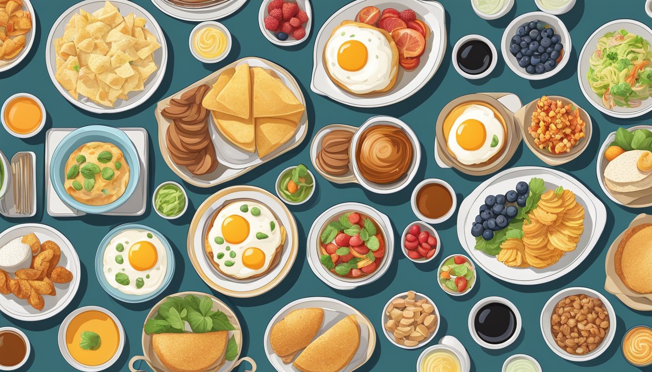 A colorful array of platters and bowls filled with delicious breakfast items, arranged neatly on a menu board