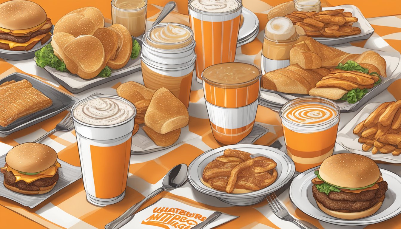 A table set with Whataburger breakfast items and prices displayed