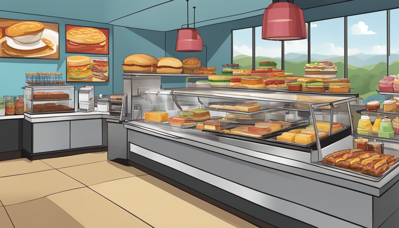 A bustling Sheetz breakfast counter with steaming coffee, sizzling bacon, and colorful display of pastries and breakfast sandwiches