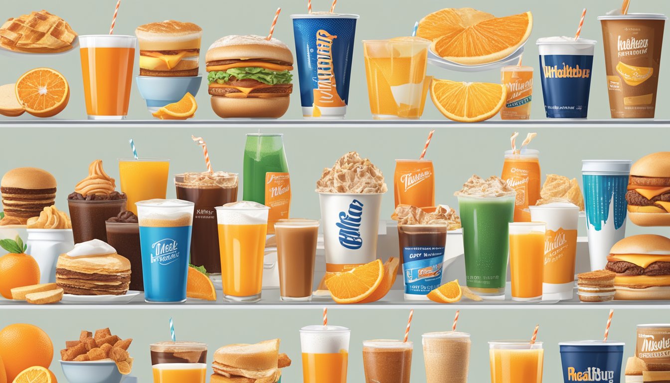 A table with a variety of breakfast beverages from Whataburger, including coffee, orange juice, and soft drinks, displayed with their corresponding prices