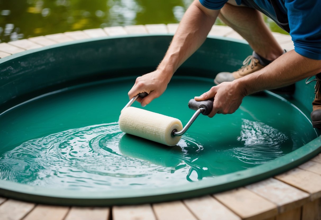 A person applies fiberglass resin to the interior of a pond, smoothing it out with a roller to create a waterproof seal