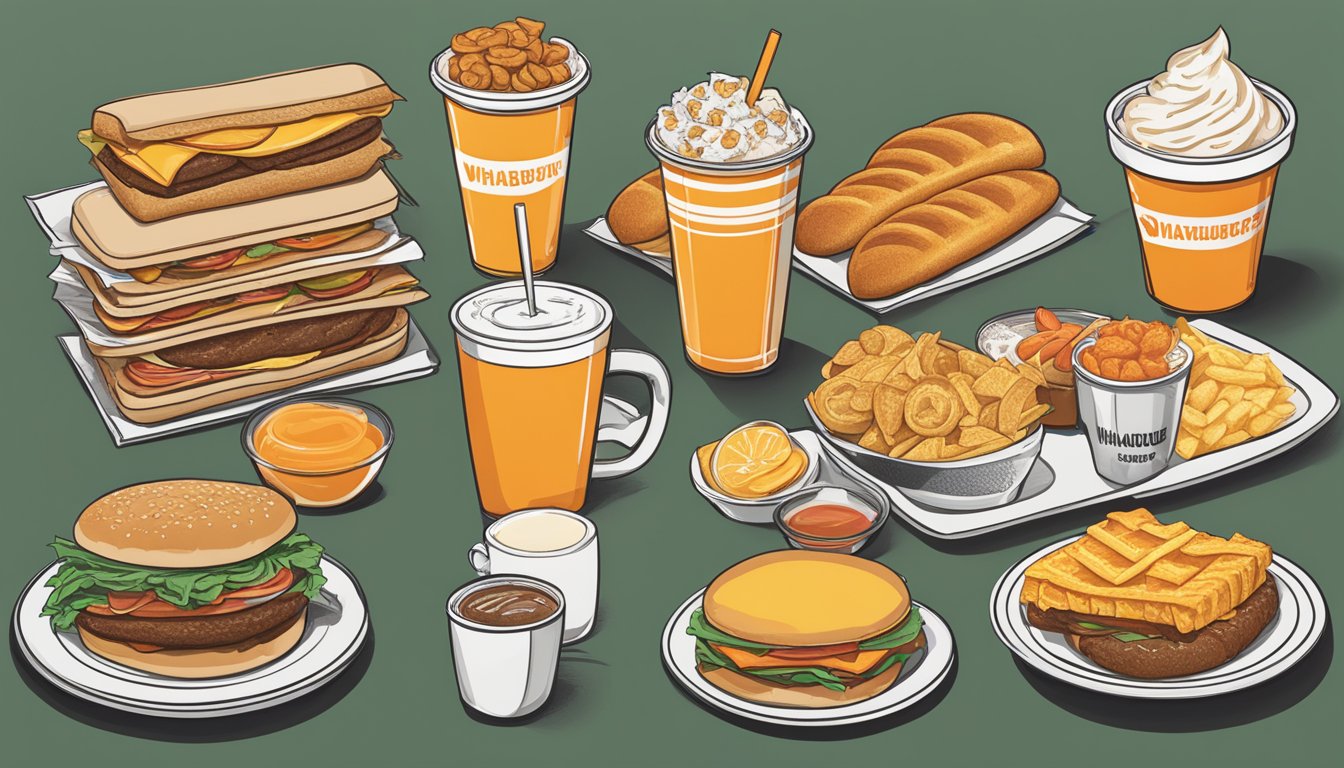 A table with various breakfast items from Whataburger arranged alongside their corresponding prices