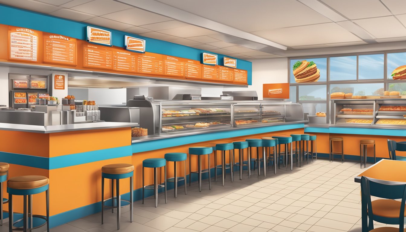 A colorful, bustling Whataburger restaurant with a variety of breakfast items displayed on the menu board above the counter