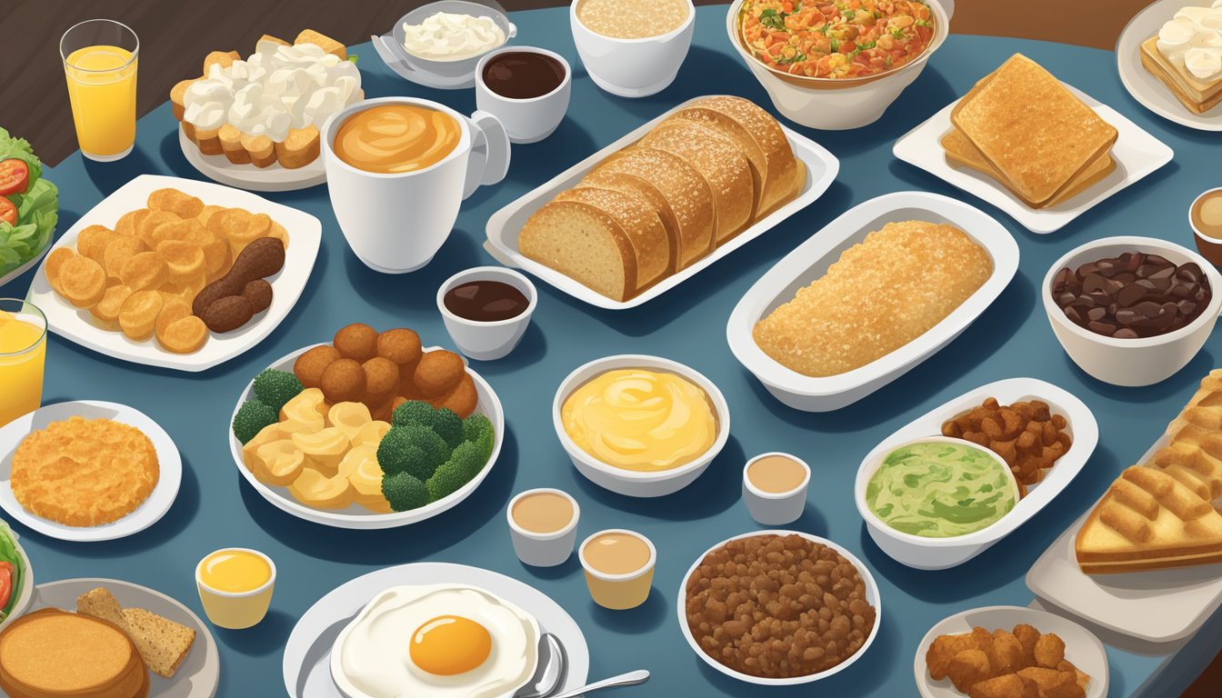 A spread of diverse breakfast items, including gluten-free, dairy-free, and vegetarian options, displayed on a buffet table at Golden Corral