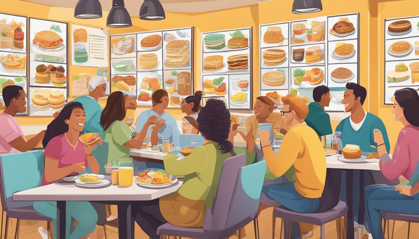 A colorful display of breakfast items on a menu board, surrounded by happy customers enjoying their meals