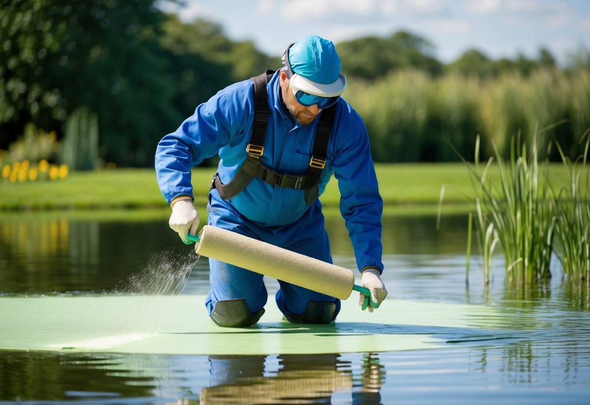 A person applying fiberglass to a pond, wearing protective gear and using a roller to evenly distribute the material over the surface