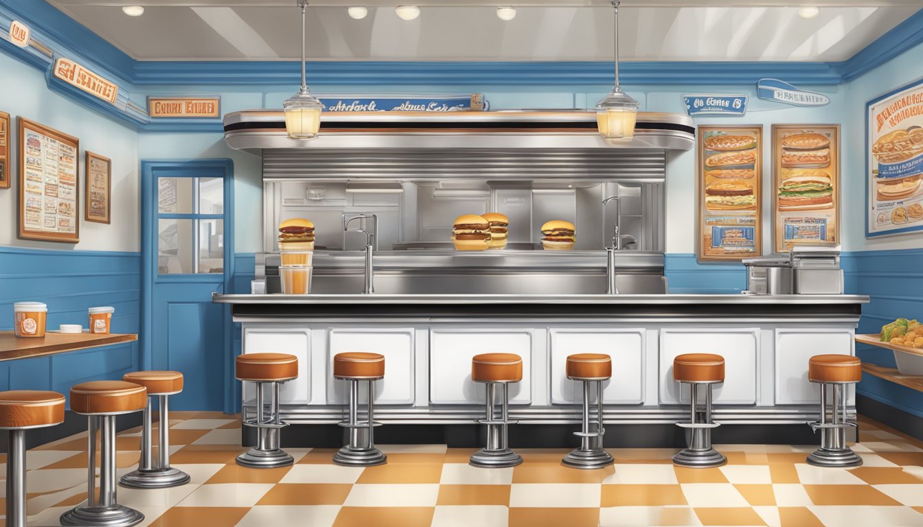 A vintage diner with a counter and stools, featuring a breakfast menu board and a display of White Castle's iconic sliders