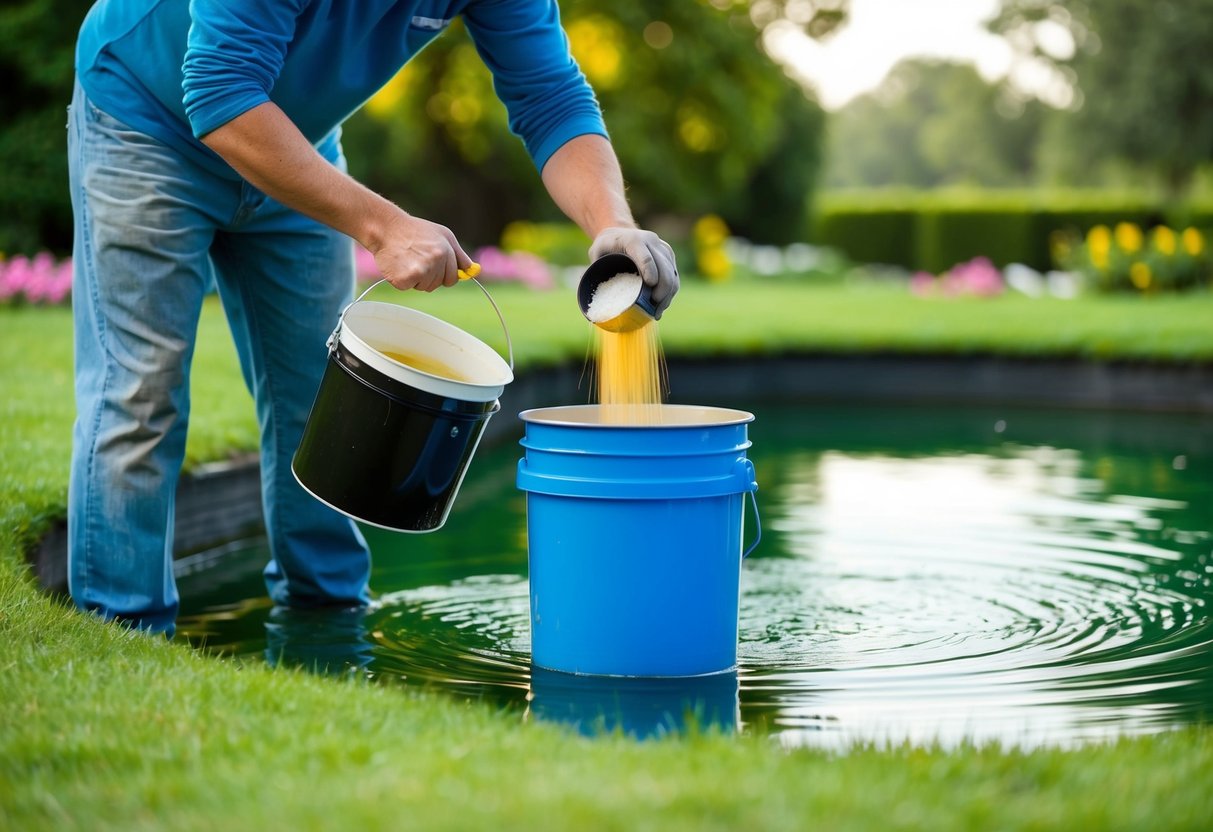 A person mixing resin and catalyst in a bucket, preparing to fiberglass a pond