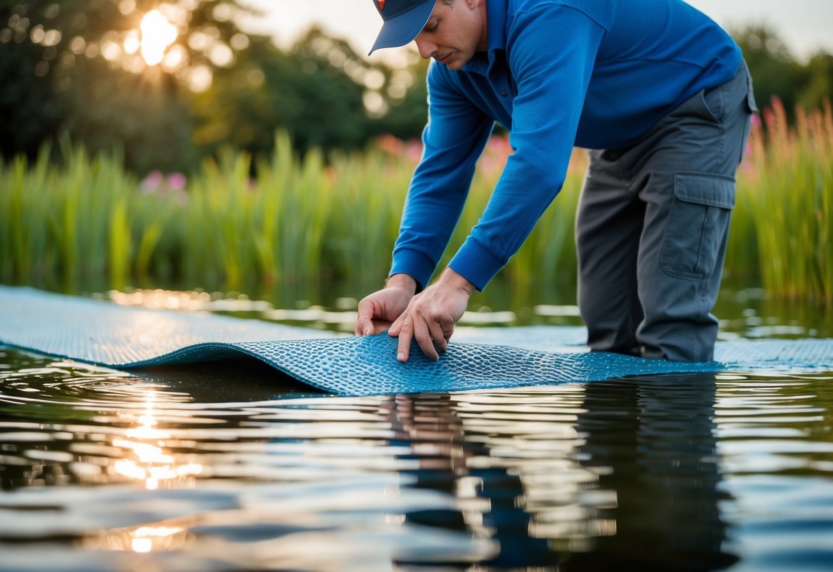 A person laying fibreglass mat over a pond surface