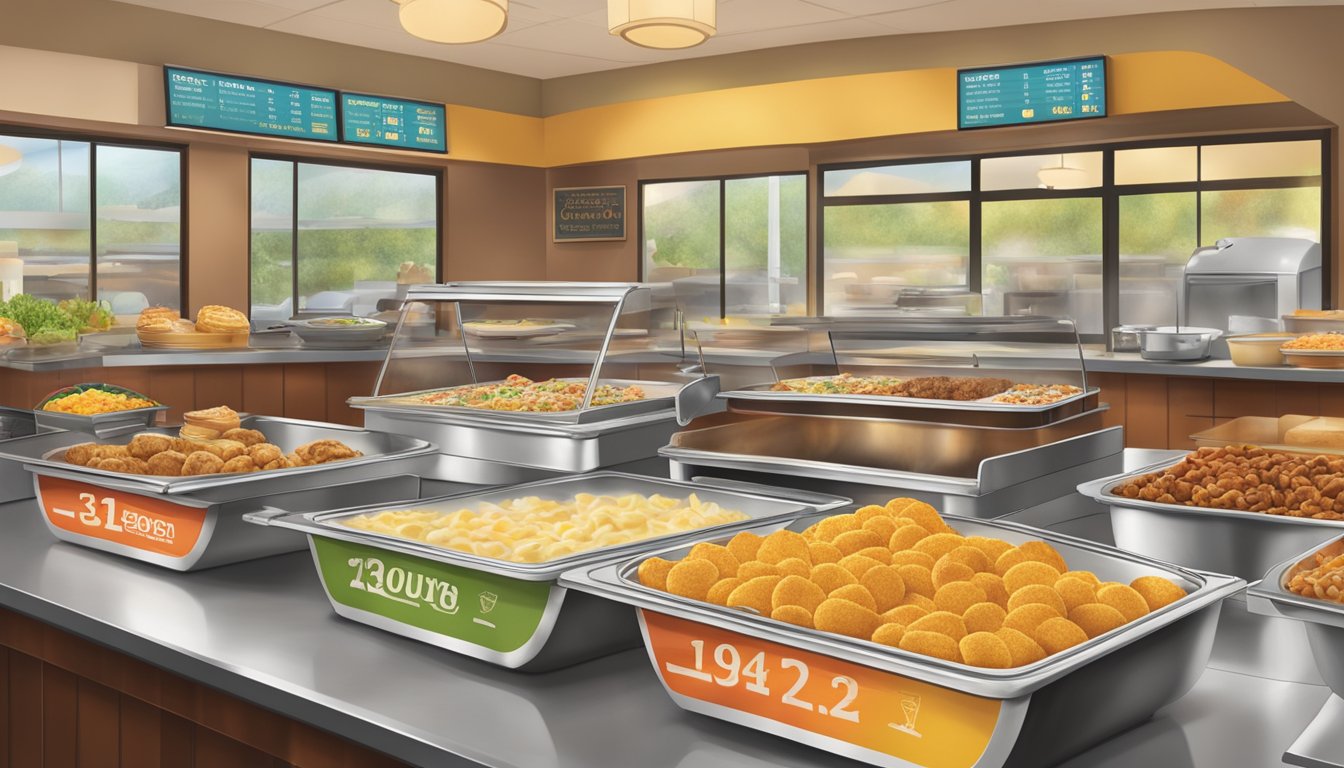 A sunrise-lit buffet spread at Golden Corral, with steaming trays of breakfast fare and a sign displaying the operating hours