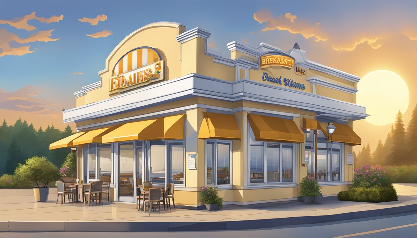 The sun rises over a White Castle restaurant, with a sign displaying the breakfast menu and operating hours. Tables and chairs are set up outside, ready to welcome customers