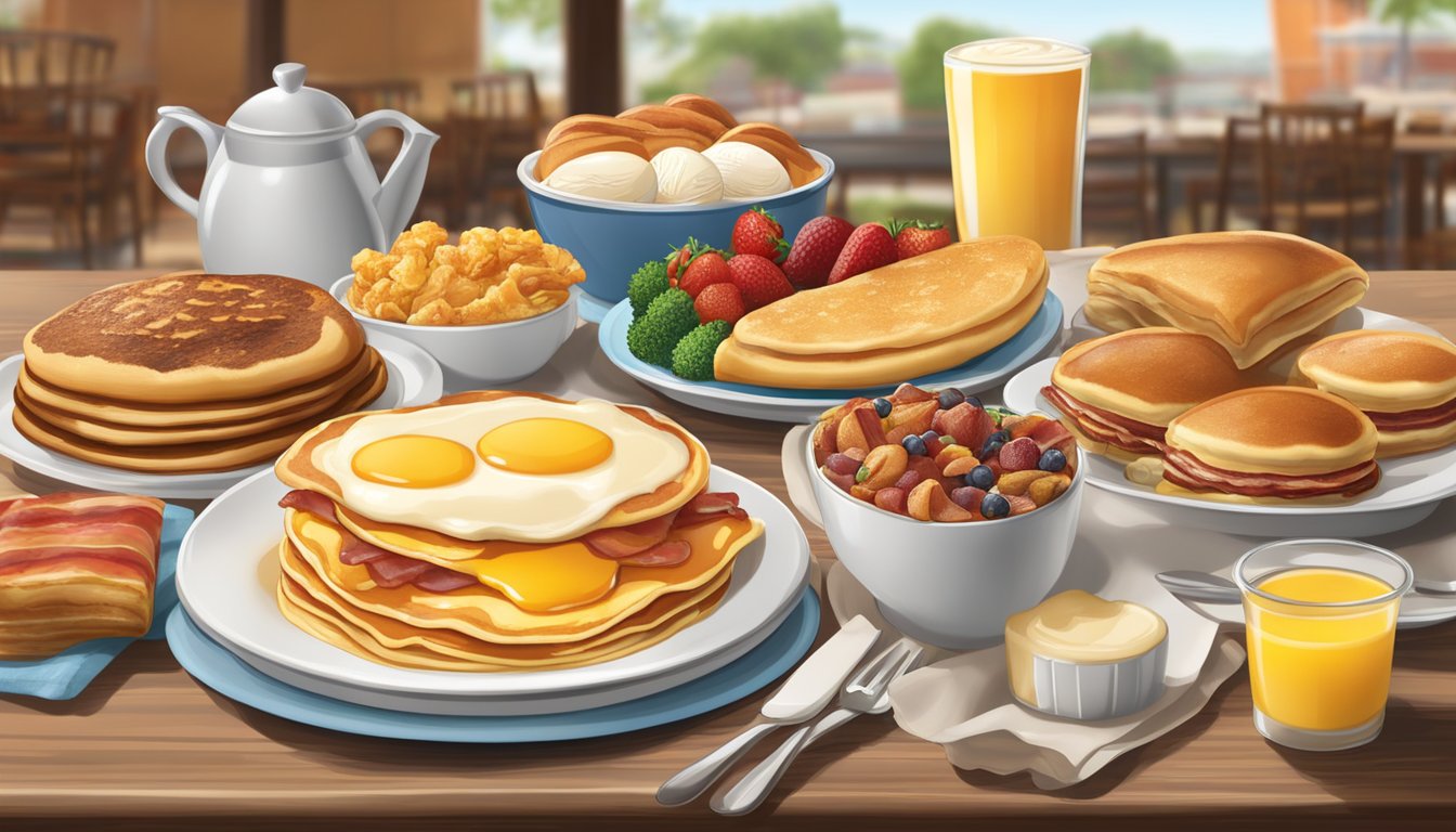 A table set with a variety of breakfast and lunch items, including pancakes, eggs, bacon, fruit, and pastries, with a golden corral in the background