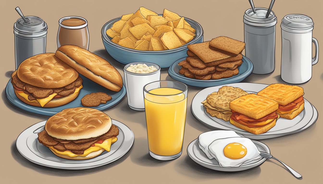 A table filled with Hardee's breakfast items, including biscuits, hash browns, and breakfast sandwiches, with prices displayed