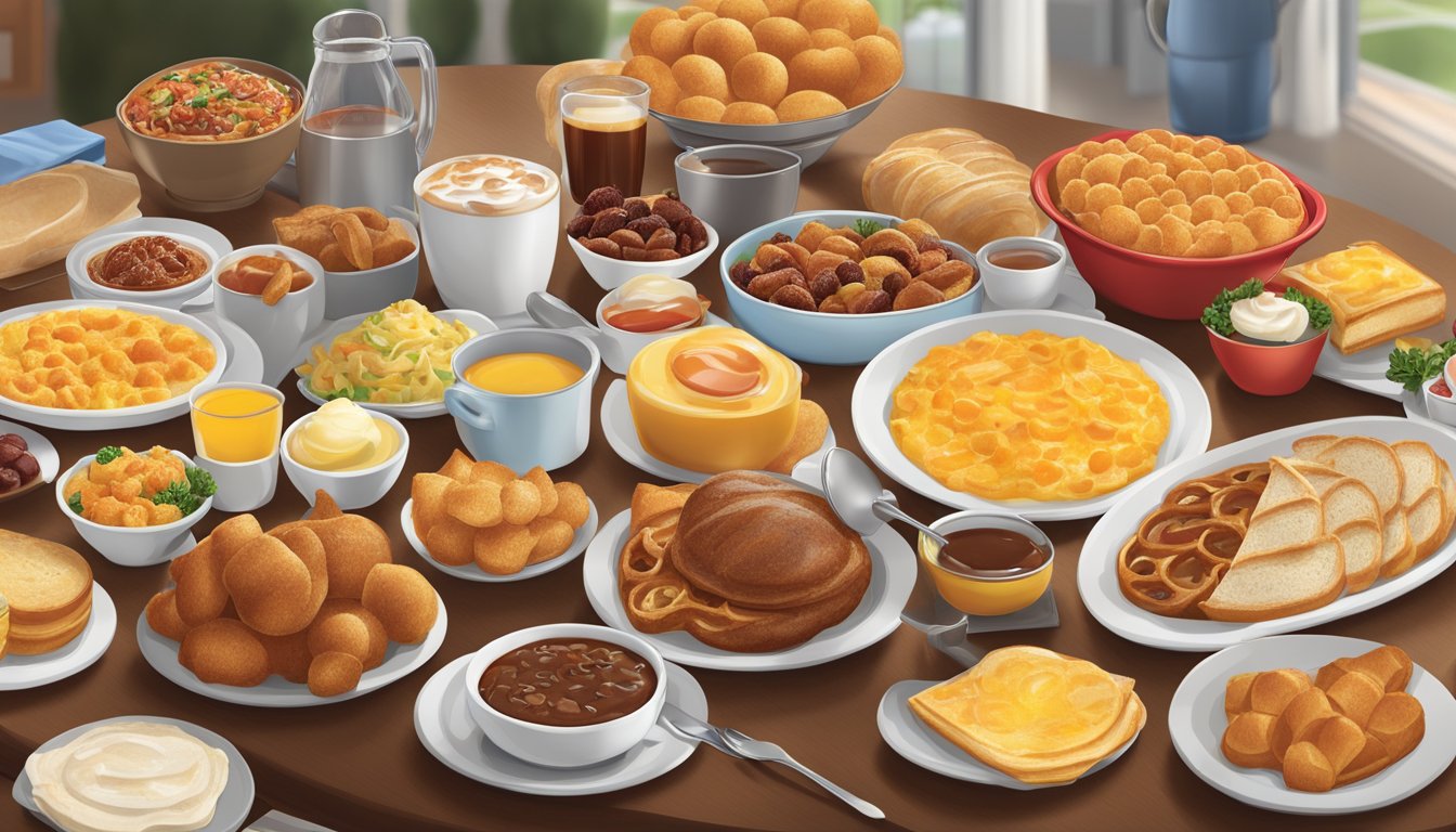 A breakfast spread at Golden Corral featuring signature and seasonal items, with a variety of dishes and drinks displayed on a buffet table