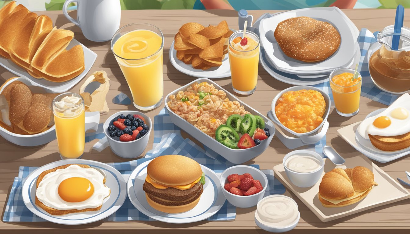 A breakfast spread with various sides and beverages on a White Castle menu