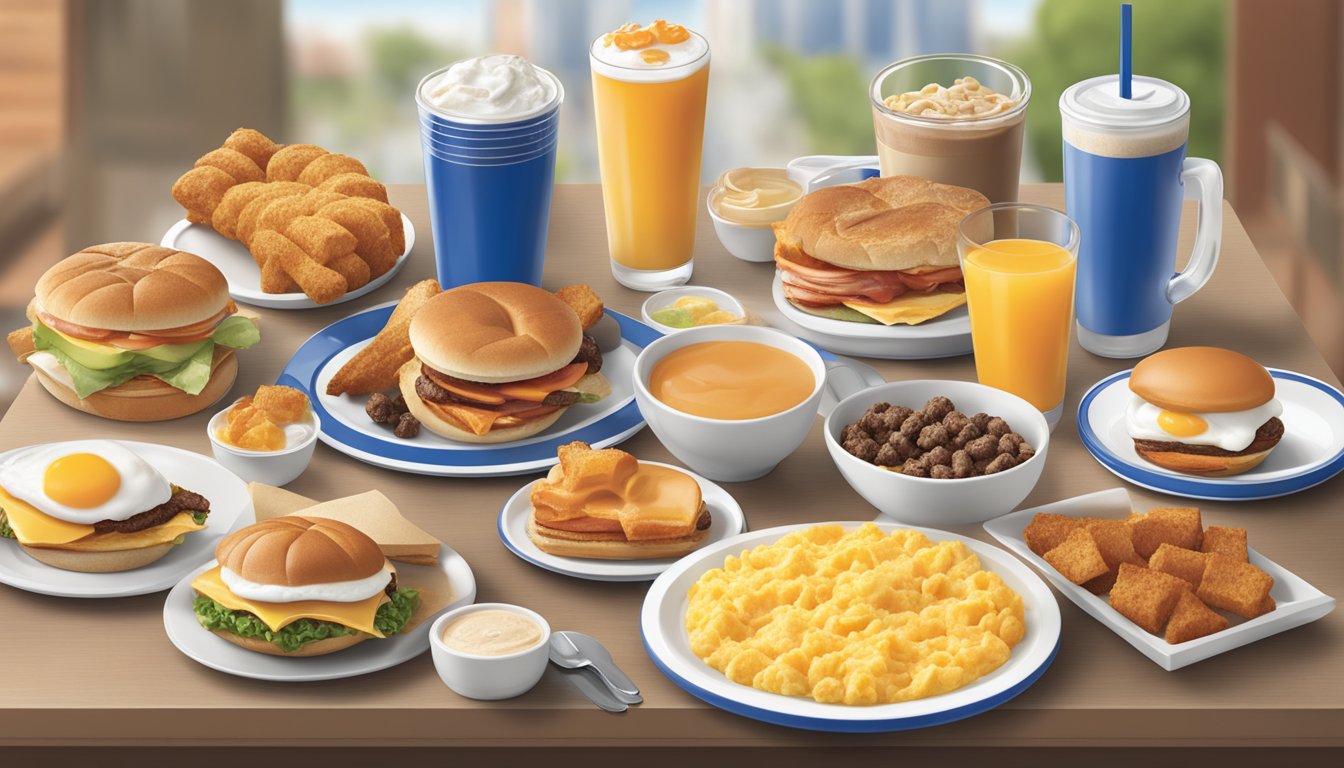 A breakfast table with various dietary options from the White Castle menu, including both traditional and alternative choices