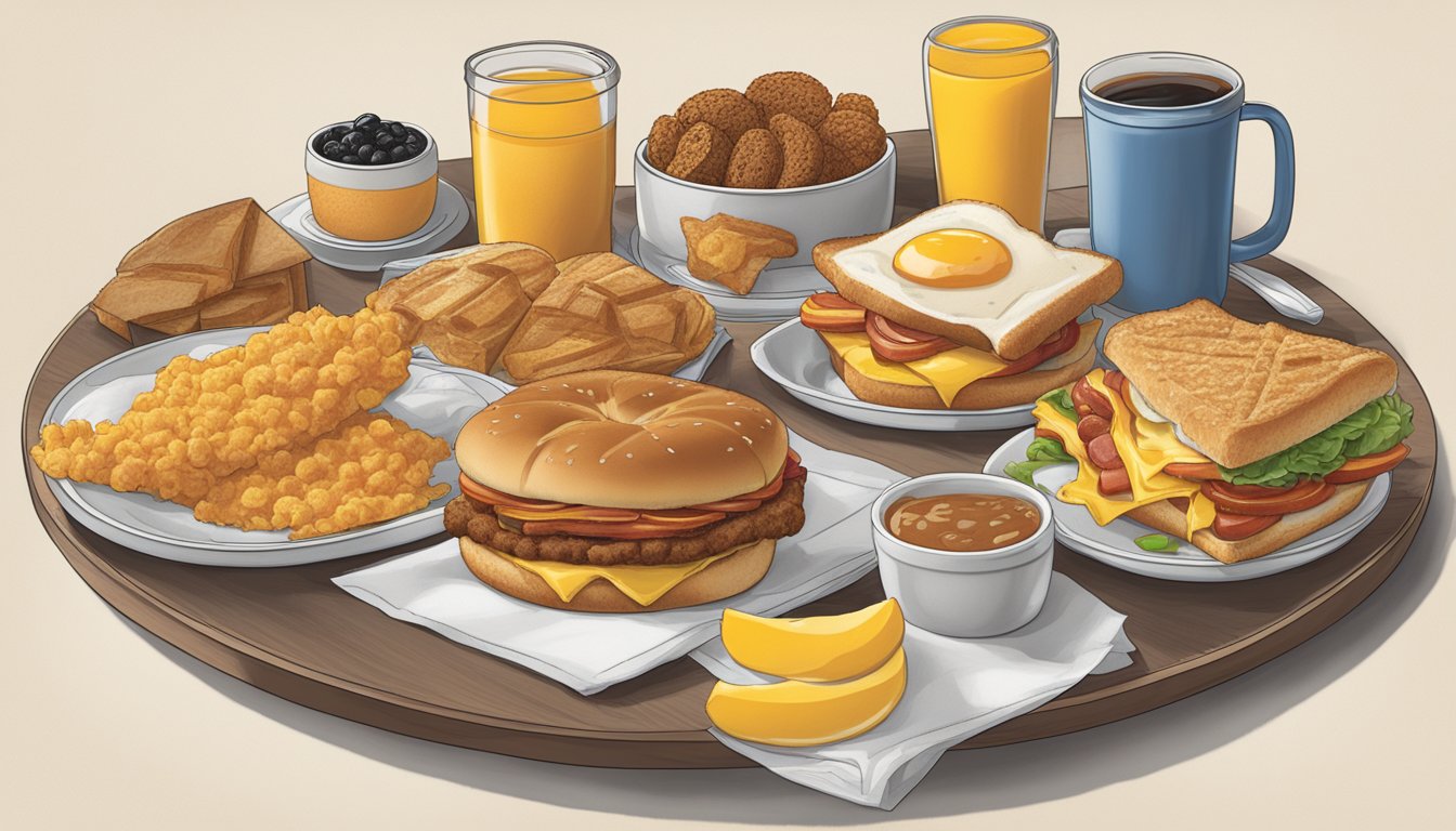 A table with Hardee's breakfast items neatly arranged with corresponding prices displayed