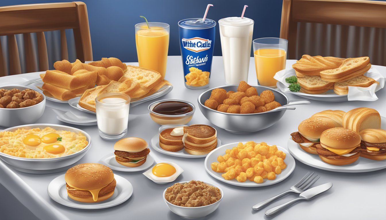 A table set with a variety of breakfast items from the White Castle menu, showcasing the quality and freshness of the ingredients used