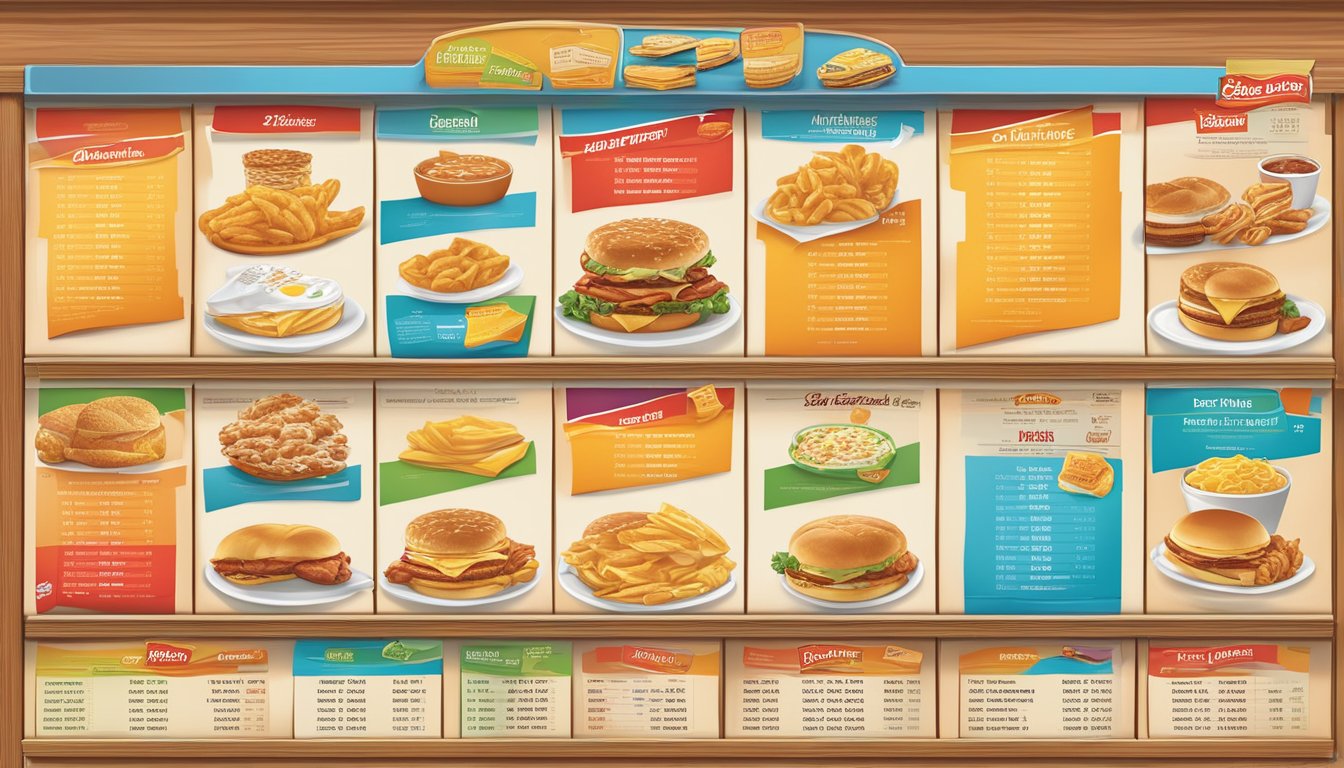 A colorful menu board displaying Hardee's breakfast options and prices